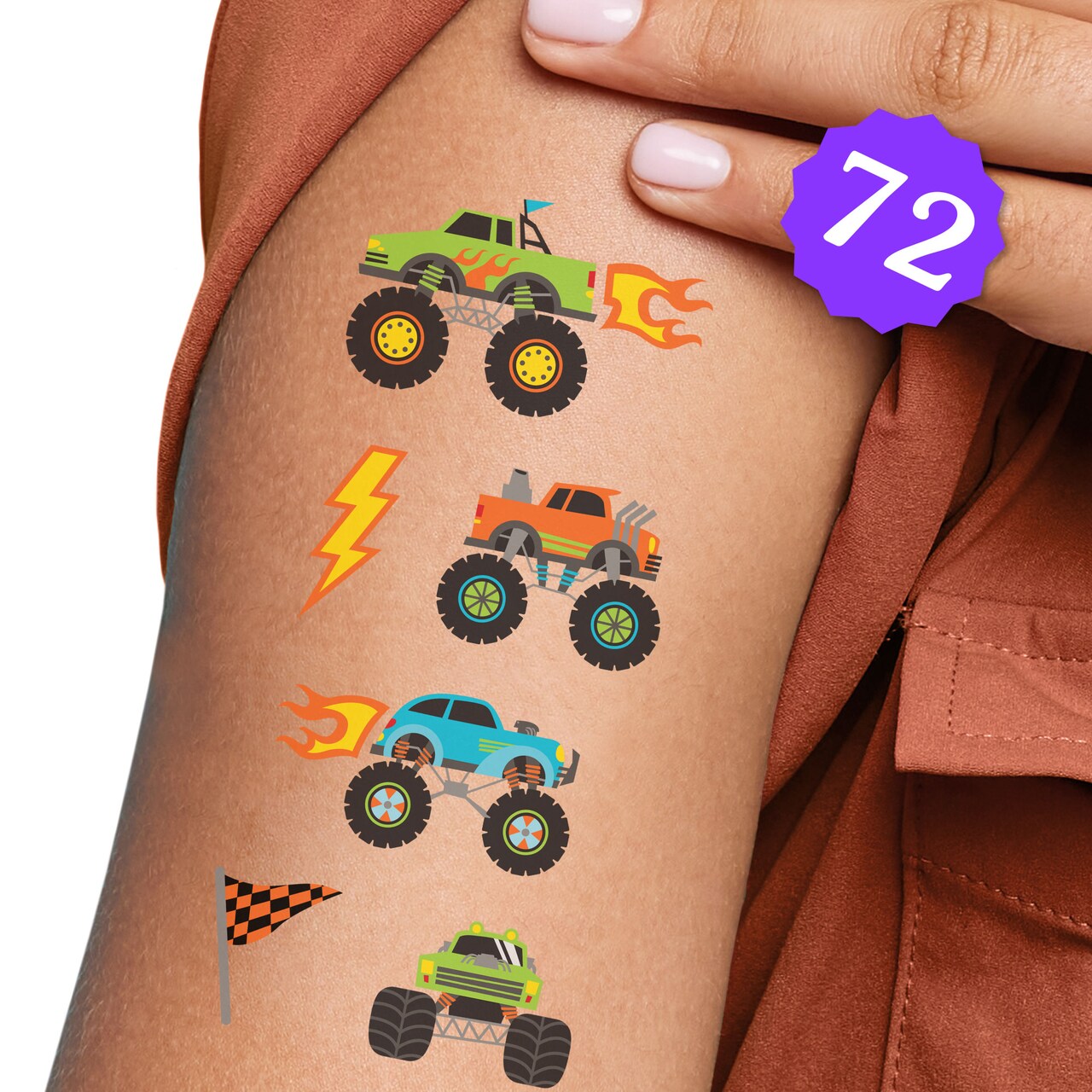 Big Dot of Happiness Monster Truck Temporary Tattoos for Kids, Boy Birthday Party Favors, Smash and Crash Party Supplies, 12 Sheets (72 Fake Tats)